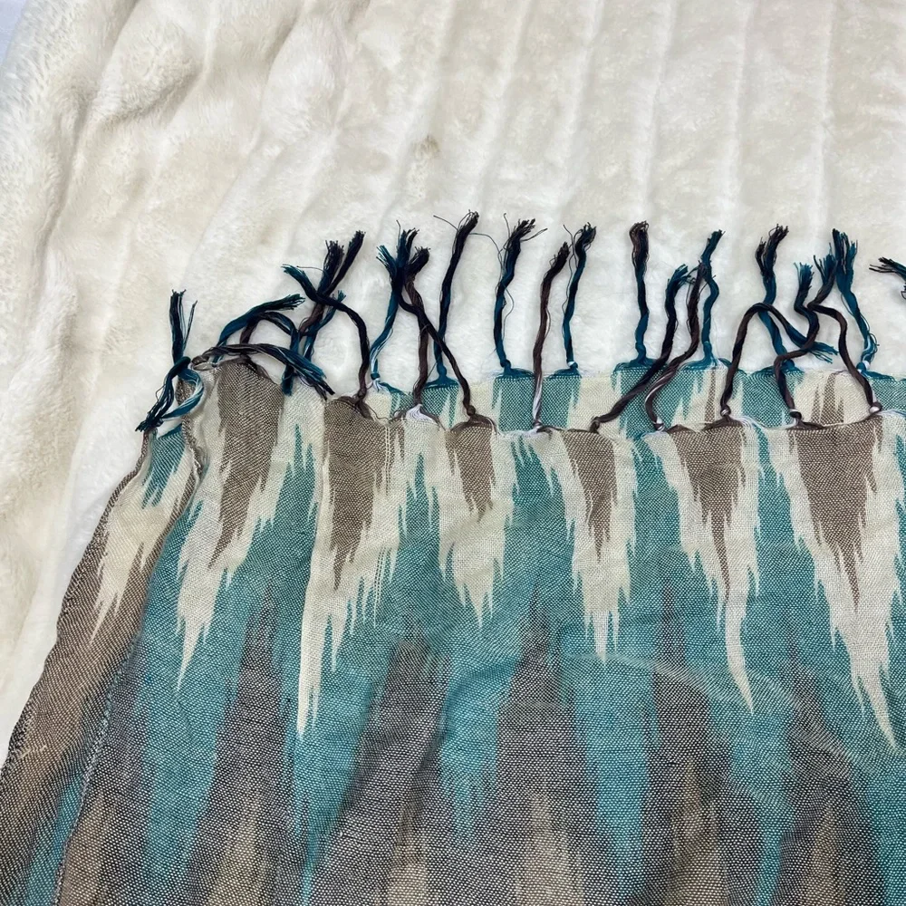 Ikat Boho Teal Brown Cream Fall Spring Tassel Scarf Travel Lightweight Semisheer